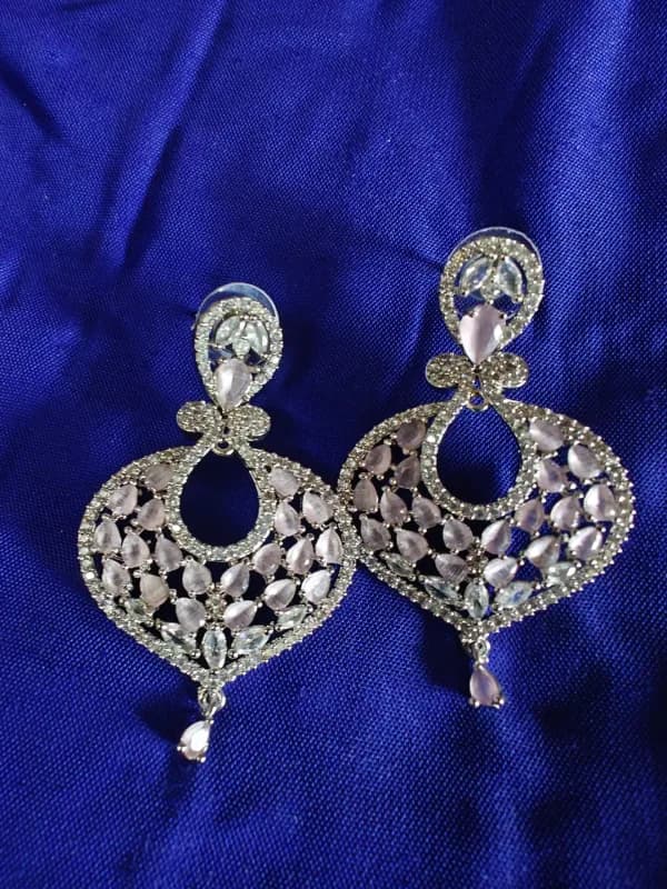 "Silver Rose Pink AD Chandbali Earrings"
