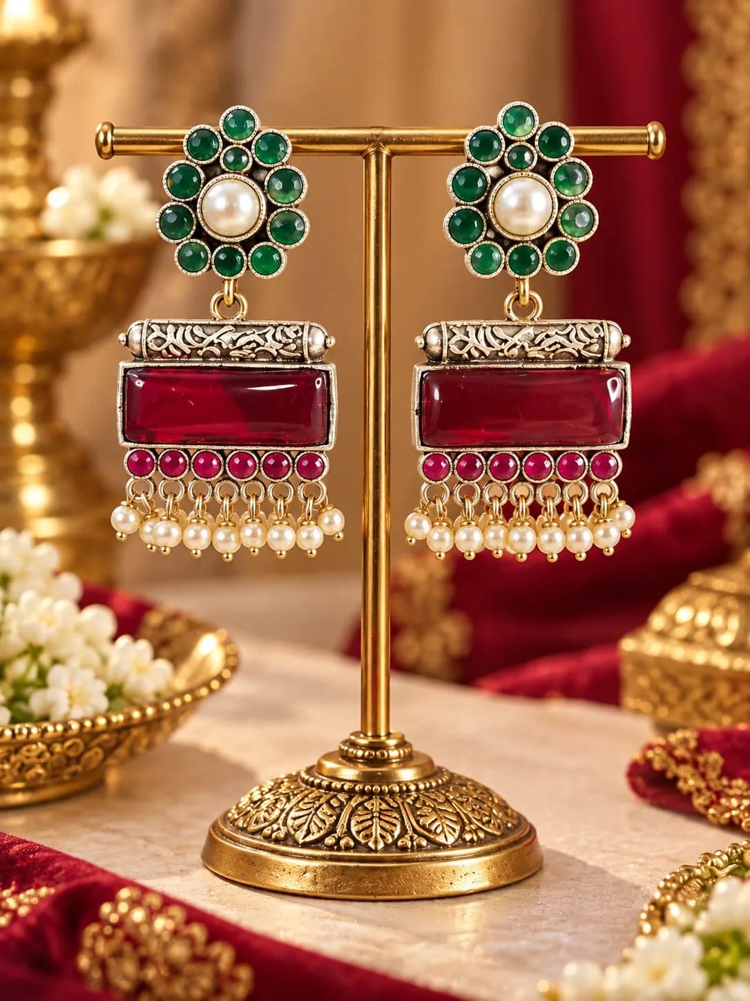 Oxidised Silver Earrings with Pastel Pink Stone, Mint Green Accents & Pearl Fringe - Green and Ruby Red