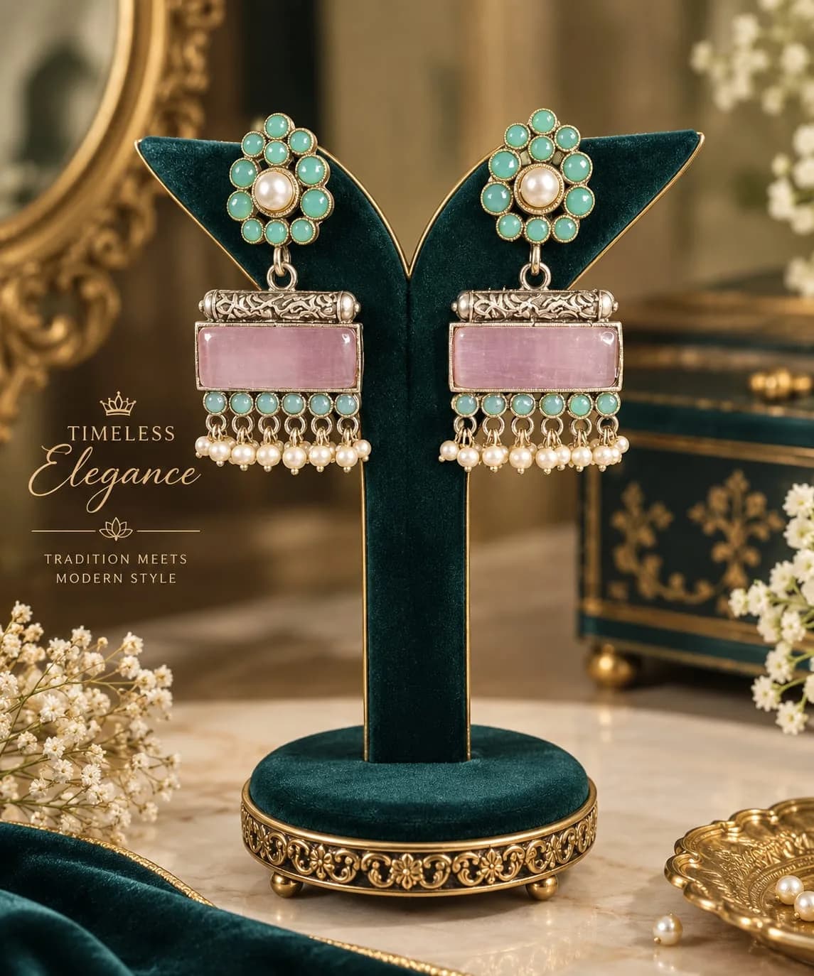 Oxidised Silver Earrings with Pastel Pink Stone, Mint Green Accents & Pearl Fringe - blue and Pink
