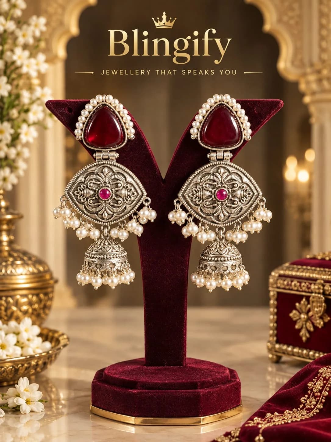 Oxidised Silver Jhumka Earrings with Maroon Stone & Pearl Detailing
