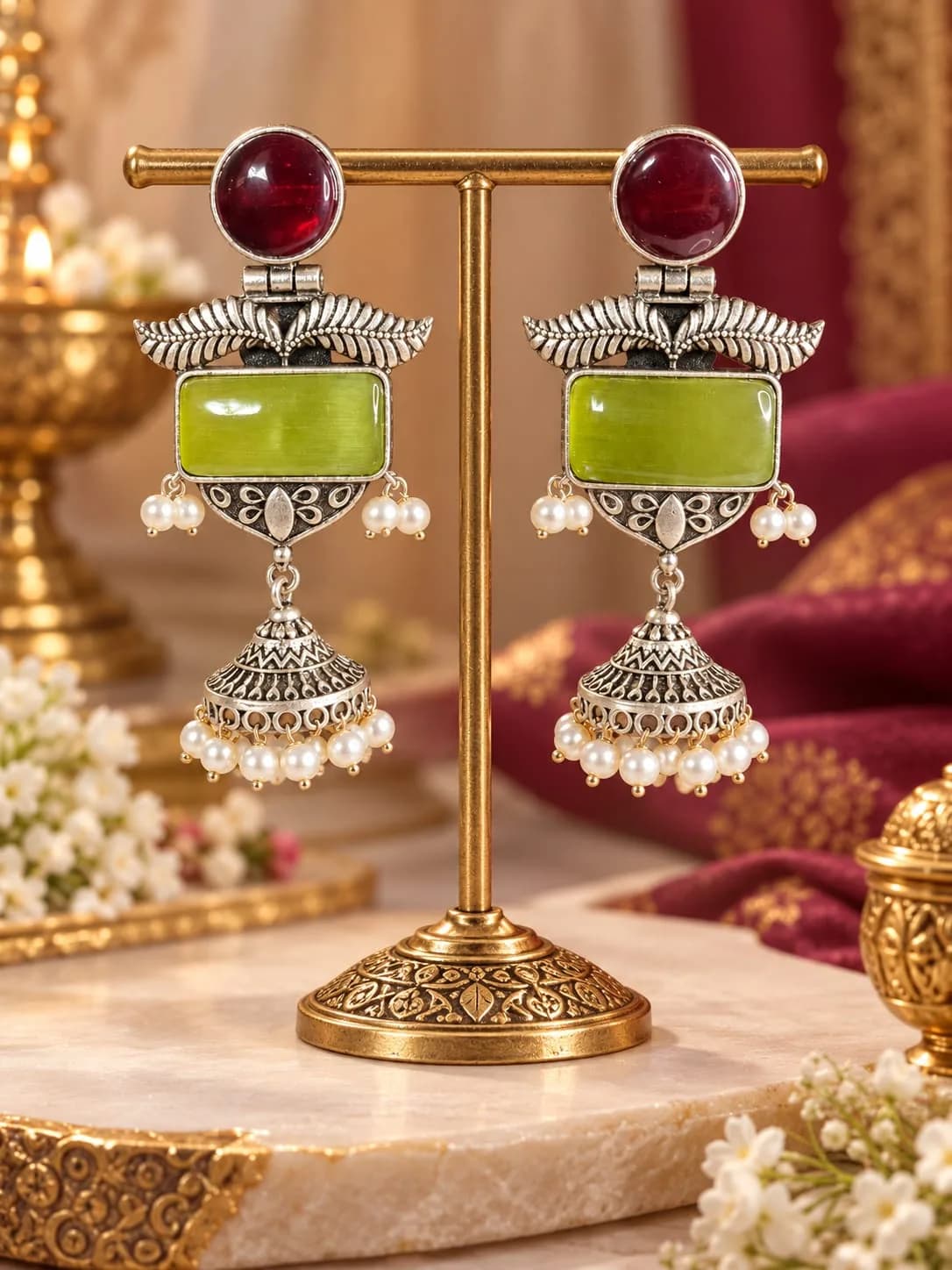 Oxidised Silver Jhumka Earrings with Stones - Maroon and green