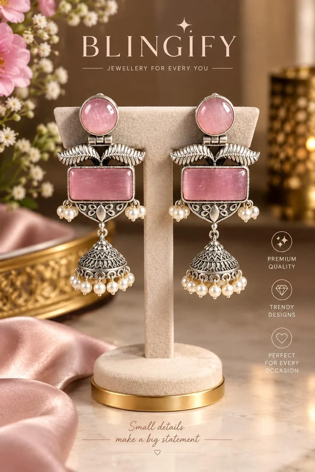 Oxidised Silver Jhumka Earrings with Stones - Pink