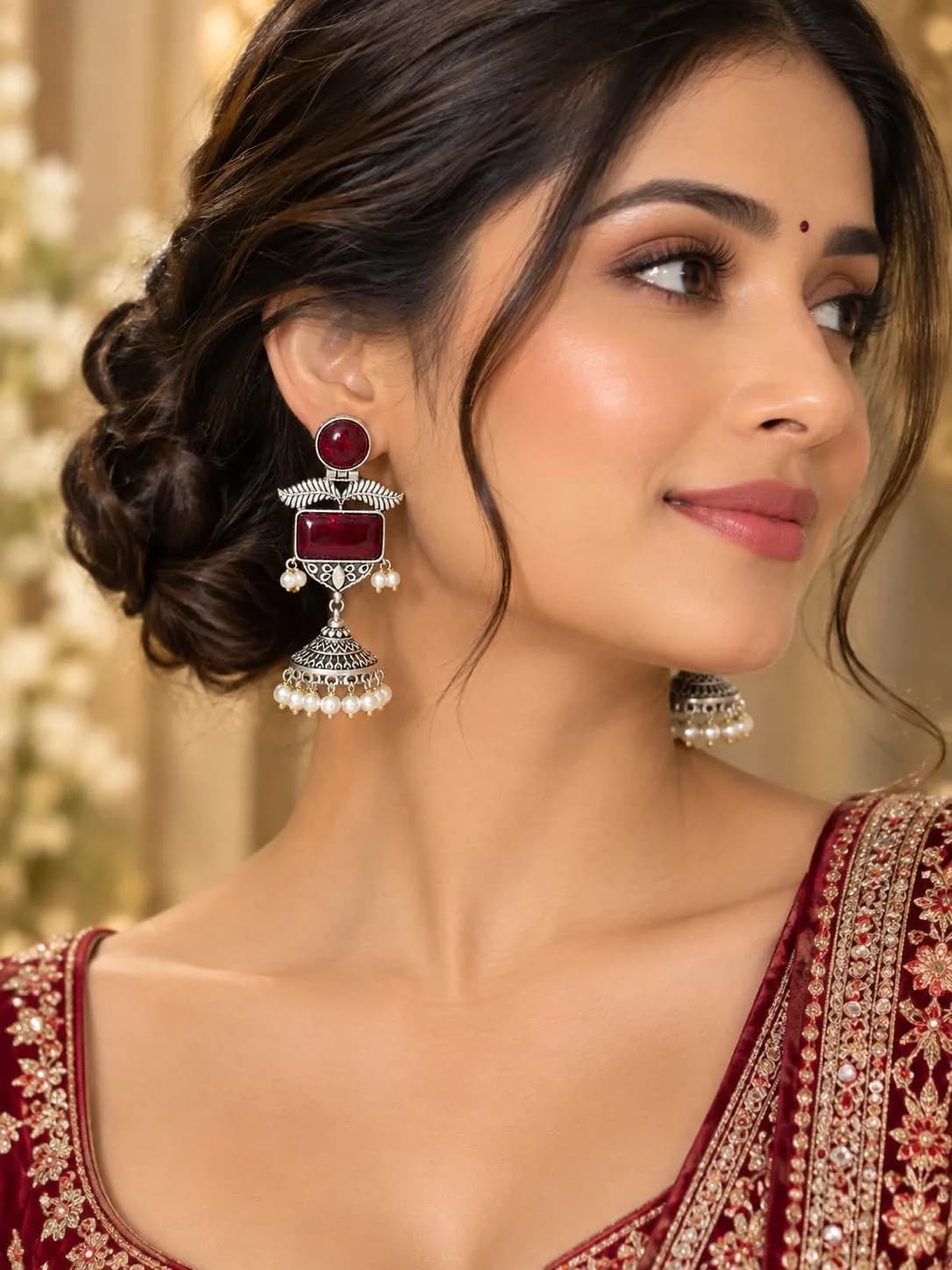 Oxidised Silver Jhumka Earrings with Stones - Maroon