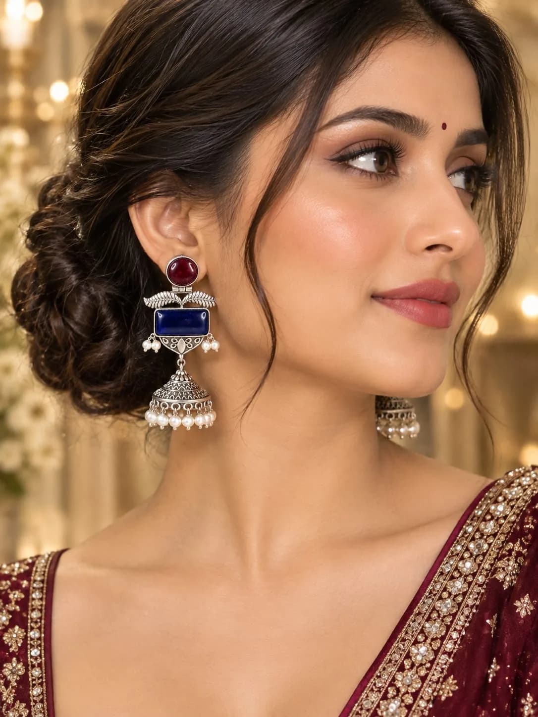 Oxidised Silver Jhumka Earrings with Stones - Maroon and Blue